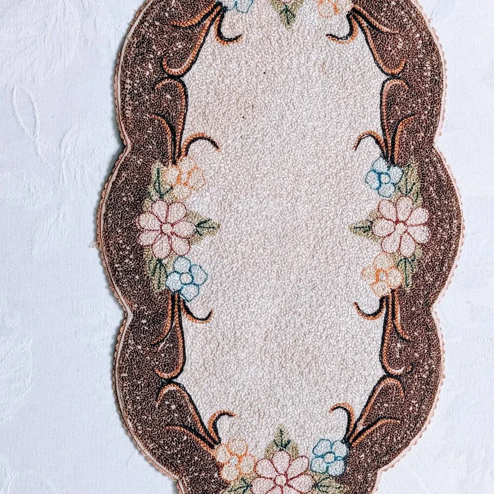 VTG 1940s Occupied Japan Round Hooked Rug Dollie Console Pad Floral Oval - Picture 3 of 4